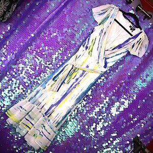 BRIGHT WRAP DRESS 12 DKNY White Blue Yellow Sun Summer Vacation Beach Packable